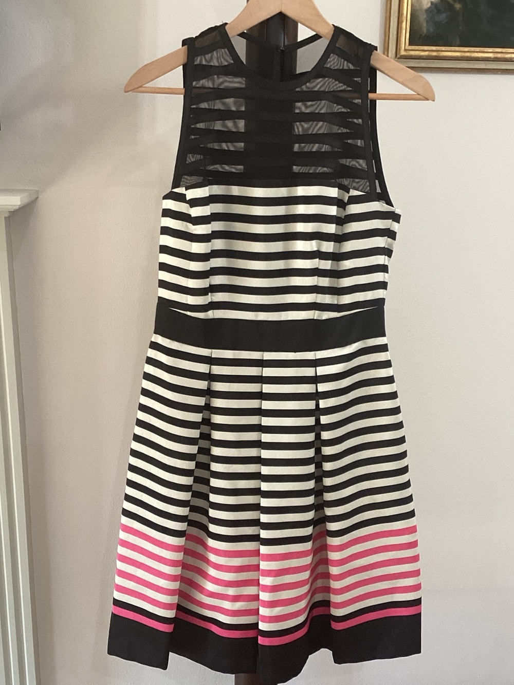 Taylor Black & White Striped Fit & Flare Dress Mesh Yoke Pink Border Size 6